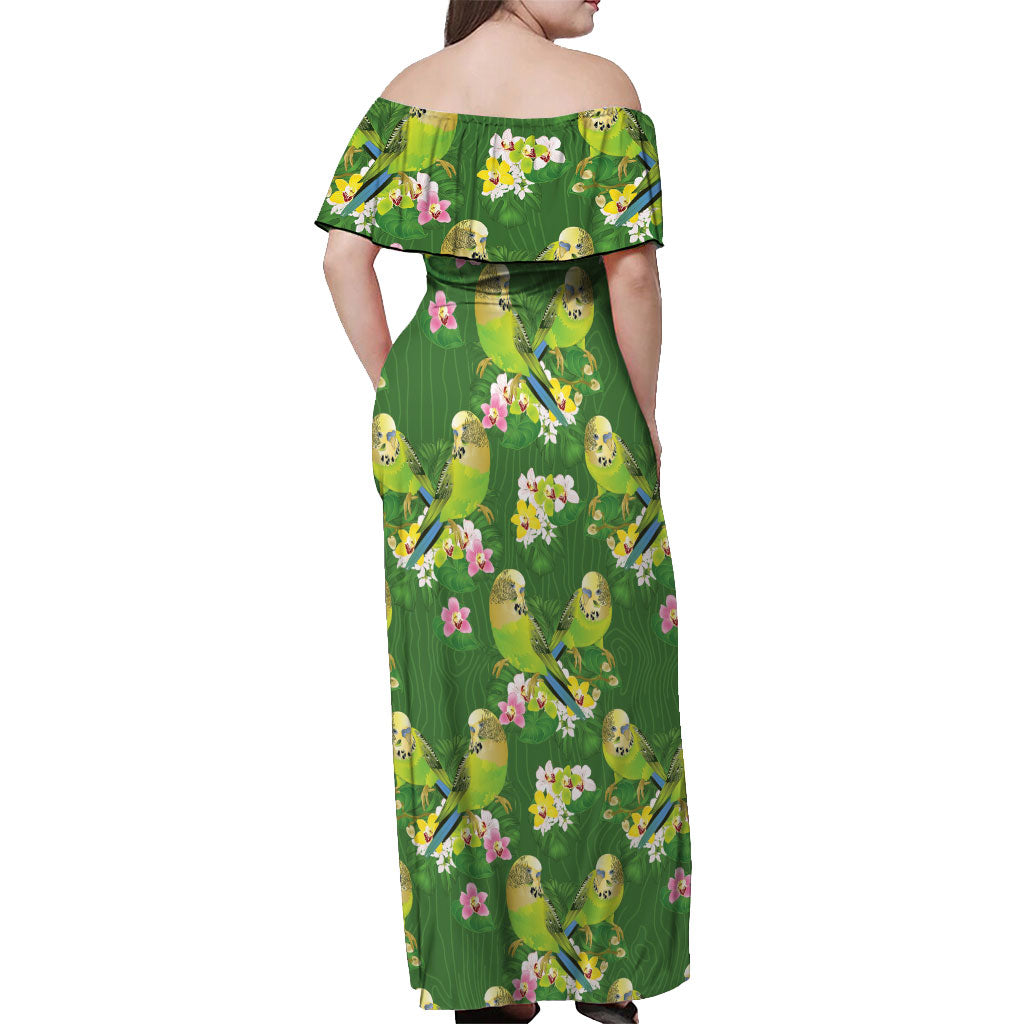Australia Budgerigars Parakeets Off Shoulder Maxi Dress Green And Yellow Bird Seamless Orchids Flowers