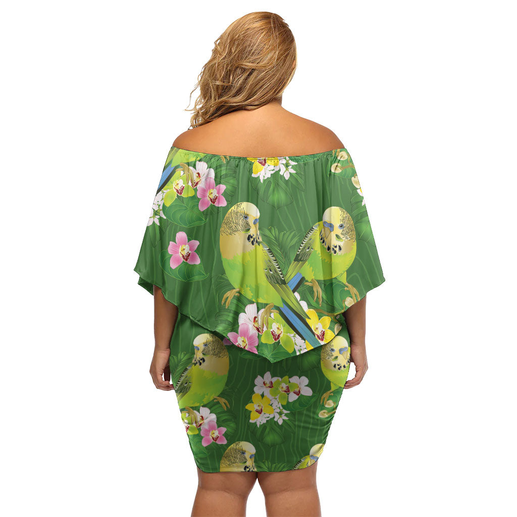 Australia Budgerigars Parakeets Off Shoulder Short Dress Green And Yellow Bird Seamless Orchids Flowers