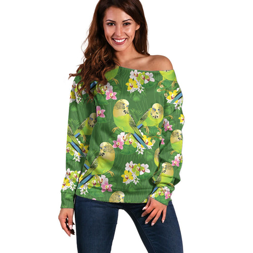 Australia Budgerigars Parakeets Off Shoulder Sweater Green And Yellow Bird Seamless Orchids Flowers
