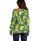 Australia Budgerigars Parakeets Off Shoulder Sweater Green And Yellow Bird Seamless Orchids Flowers