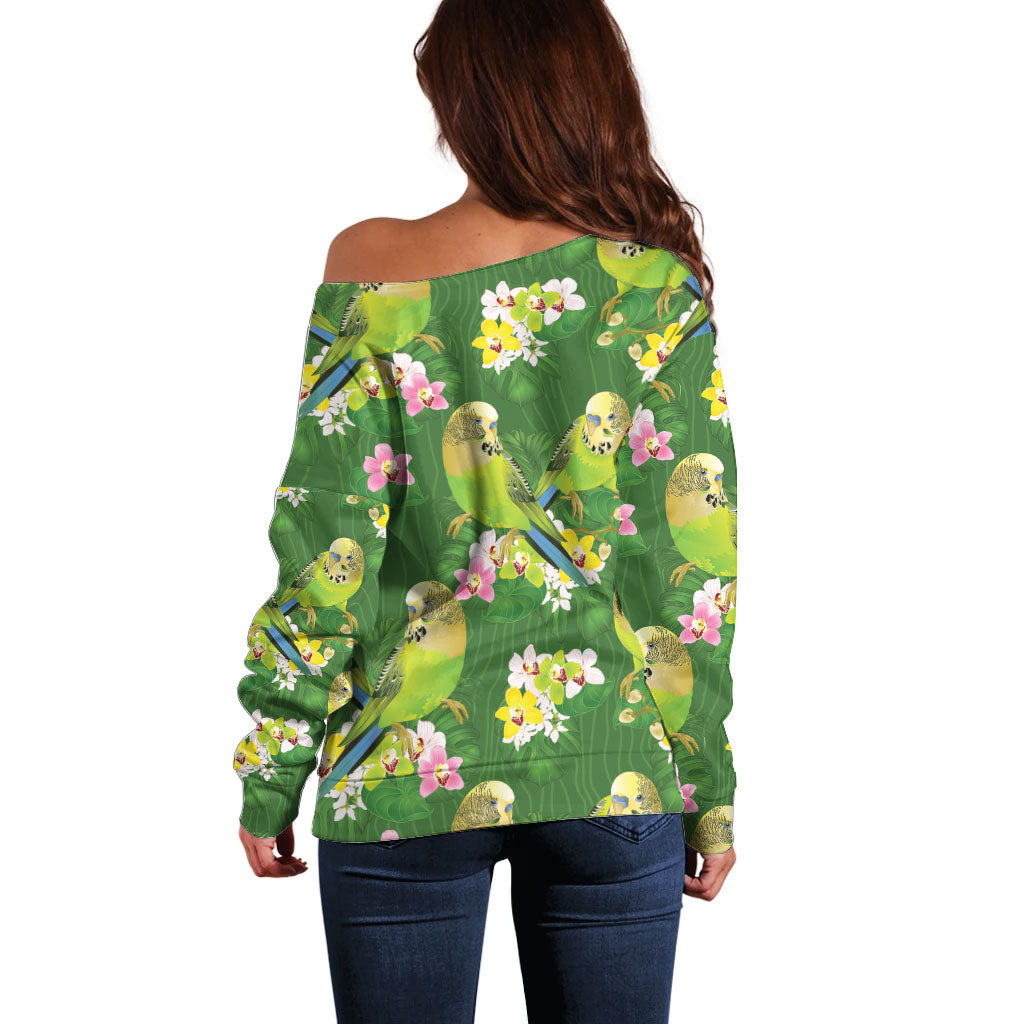 Australia Budgerigars Parakeets Off Shoulder Sweater Green And Yellow Bird Seamless Orchids Flowers
