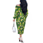 Australia Budgerigars Parakeets Off The Shoulder Long Sleeve Dress Green And Yellow Bird Seamless Orchids Flowers