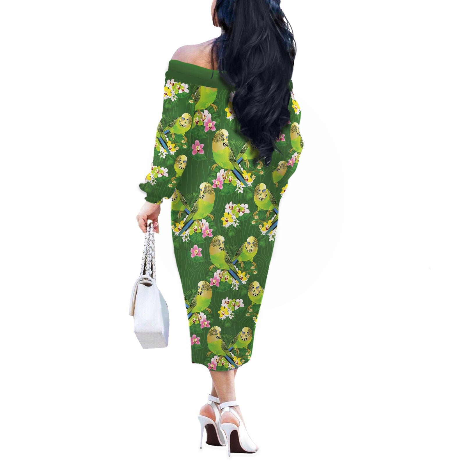 Australia Budgerigars Parakeets Off The Shoulder Long Sleeve Dress Green And Yellow Bird Seamless Orchids Flowers
