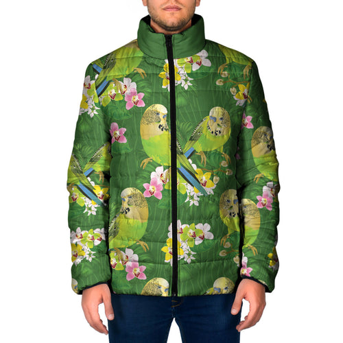 Australia Budgerigars Parakeets Padded Jacket Green And Yellow Bird Seamless Orchids Flowers