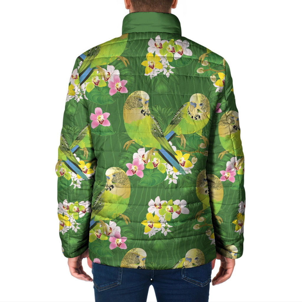 Australia Budgerigars Parakeets Padded Jacket Green And Yellow Bird Seamless Orchids Flowers