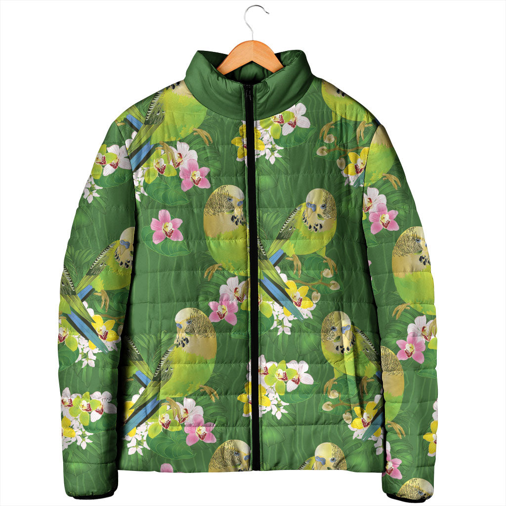 Australia Budgerigars Parakeets Padded Jacket Green And Yellow Bird Seamless Orchids Flowers