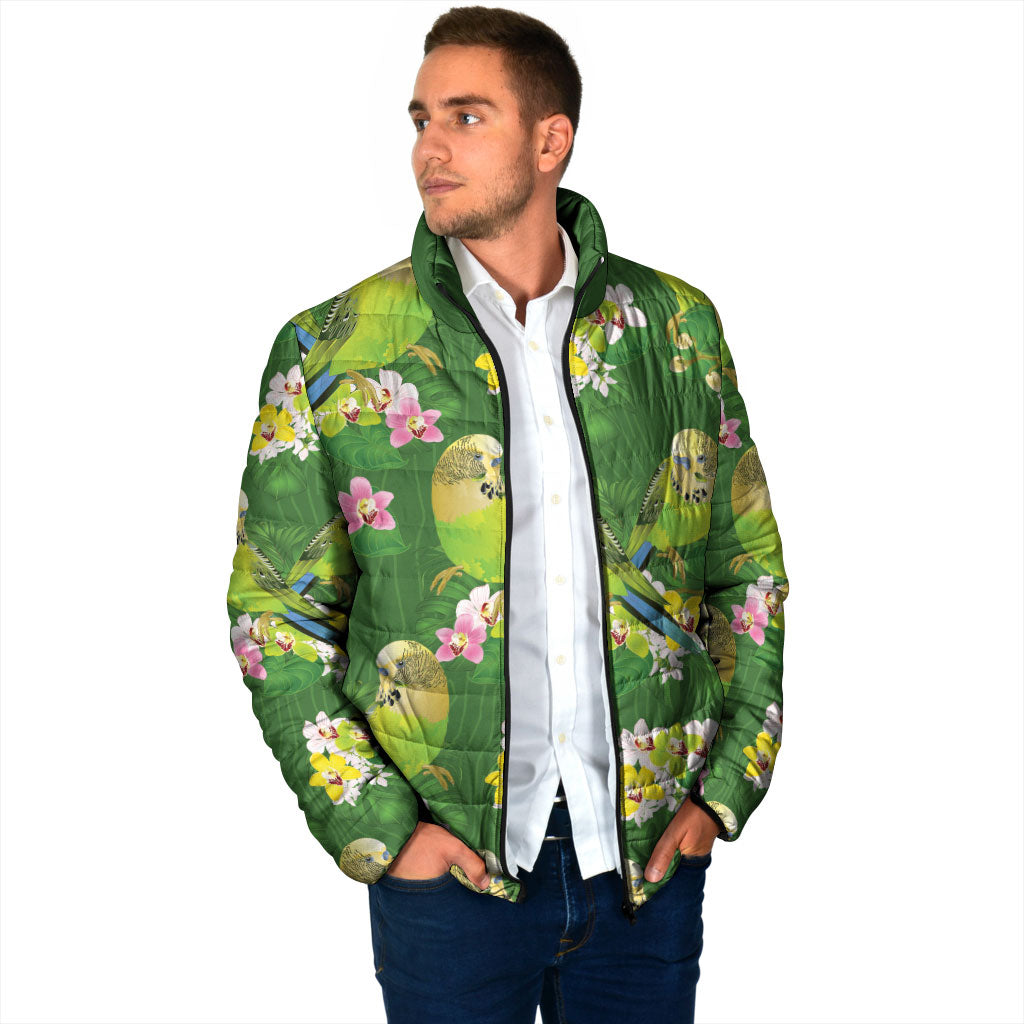Australia Budgerigars Parakeets Padded Jacket Green And Yellow Bird Seamless Orchids Flowers