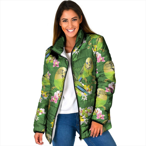 Australia Budgerigars Parakeets Padded Jacket Green And Yellow Bird Seamless Orchids Flowers