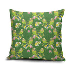 Australia Budgerigars Parakeets Pillow Cover Green And Yellow Bird Seamless Orchids Flowers