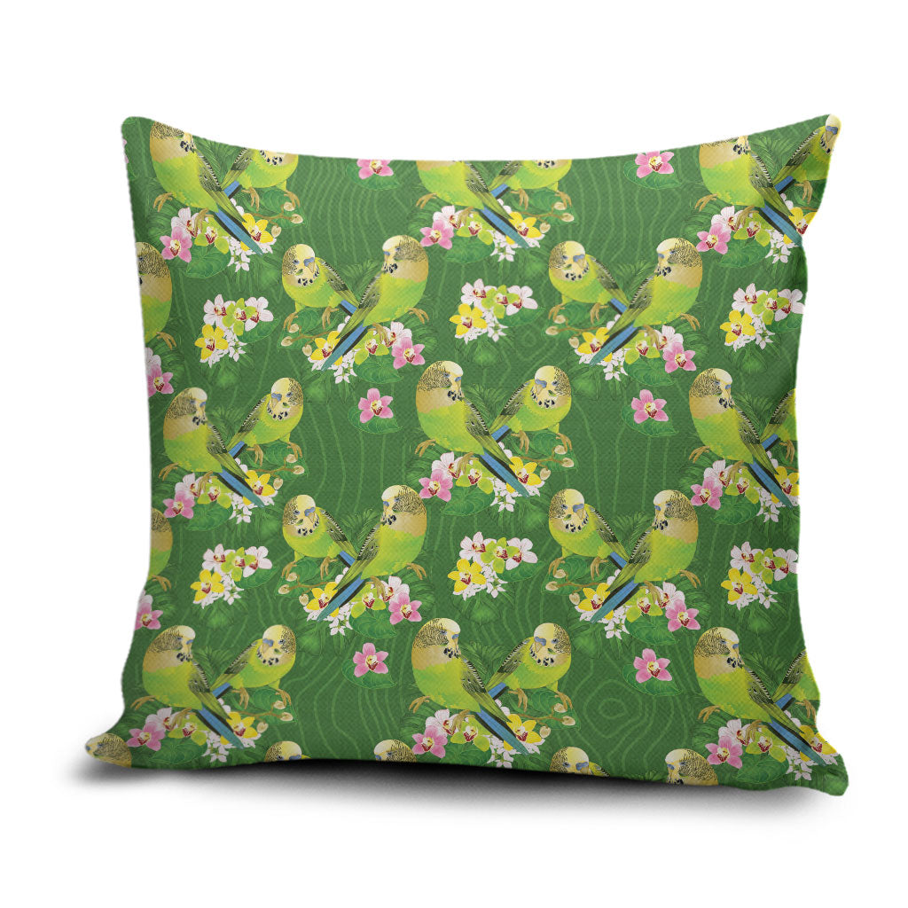 Australia Budgerigars Parakeets Pillow Cover Green And Yellow Bird Seamless Orchids Flowers