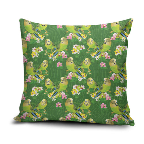 Australia Budgerigars Parakeets Pillow Cover Green And Yellow Bird Seamless Orchids Flowers