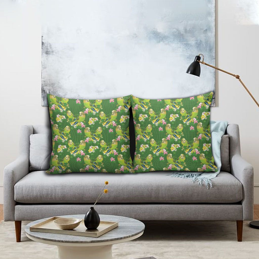 Australia Budgerigars Parakeets Pillow Cover Green And Yellow Bird Seamless Orchids Flowers