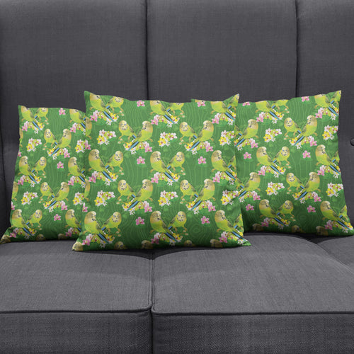 Australia Budgerigars Parakeets Pillow Cover Green And Yellow Bird Seamless Orchids Flowers