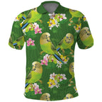 Australia Budgerigars Parakeets Polo Shirt Green And Yellow Bird Seamless Orchids Flowers