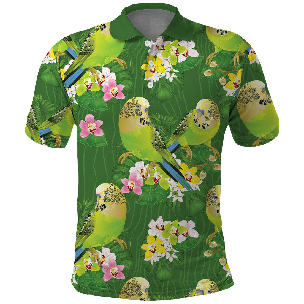 Australia Budgerigars Parakeets Polo Shirt Green And Yellow Bird Seamless Orchids Flowers
