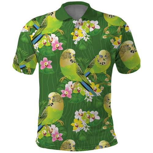 Australia Budgerigars Parakeets Polo Shirt Green And Yellow Bird Seamless Orchids Flowers