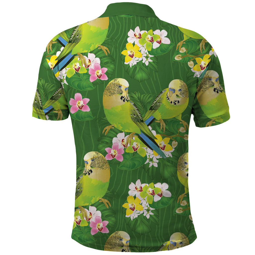 Australia Budgerigars Parakeets Polo Shirt Green And Yellow Bird Seamless Orchids Flowers