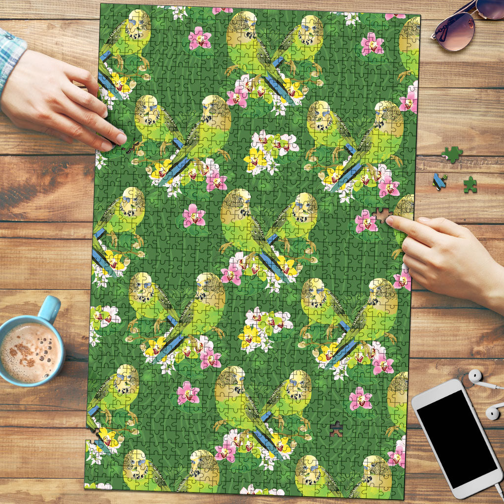 Australia Budgerigars Parakeets Puzzle Green And Yellow Bird Seamless Orchids Flowers