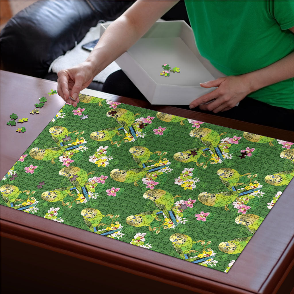 Australia Budgerigars Parakeets Puzzle Green And Yellow Bird Seamless Orchids Flowers