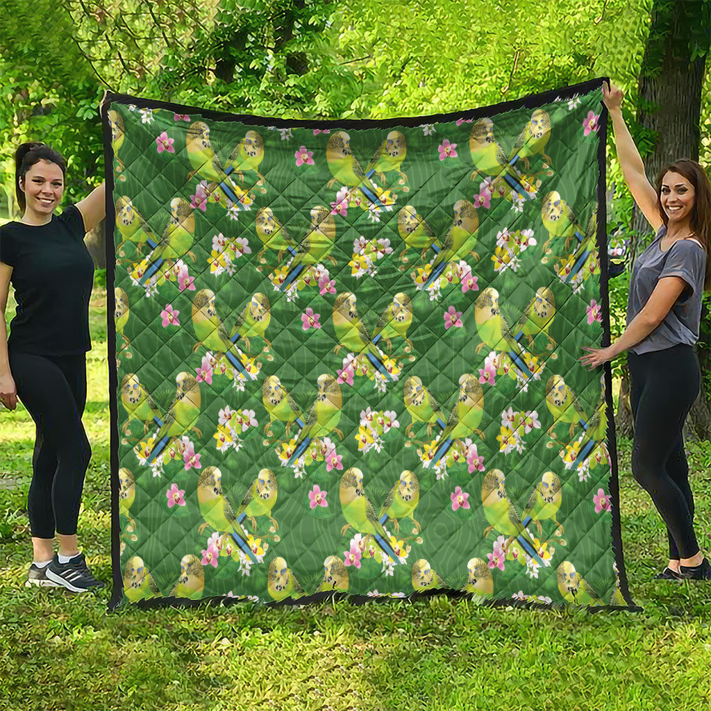 Australia Budgerigars Parakeets Quilt Green And Yellow Bird Seamless Orchids Flowers