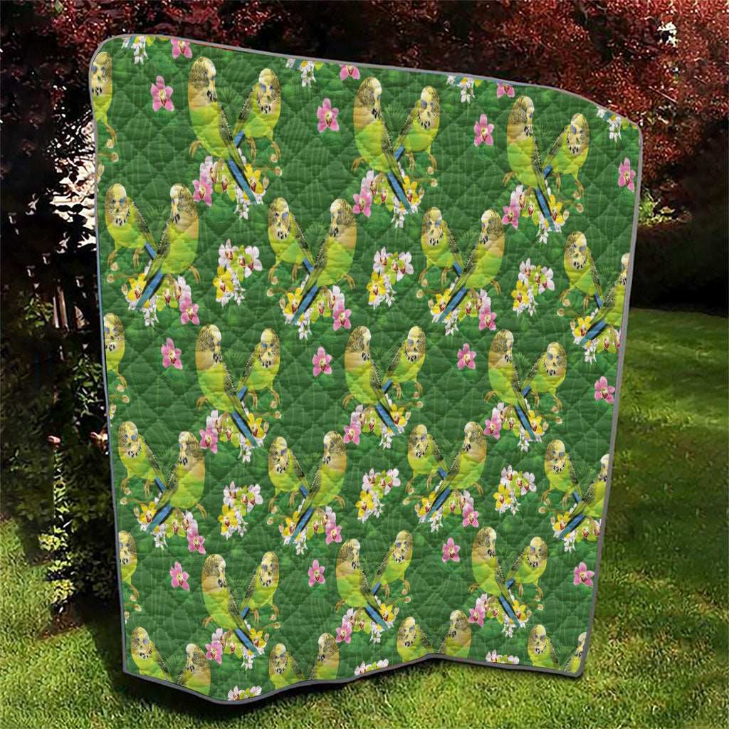 Australia Budgerigars Parakeets Quilt Green And Yellow Bird Seamless Orchids Flowers