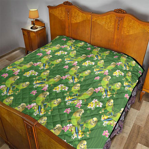 Australia Budgerigars Parakeets Quilt Green And Yellow Bird Seamless Orchids Flowers