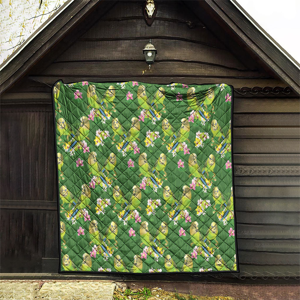 Australia Budgerigars Parakeets Quilt Green And Yellow Bird Seamless Orchids Flowers