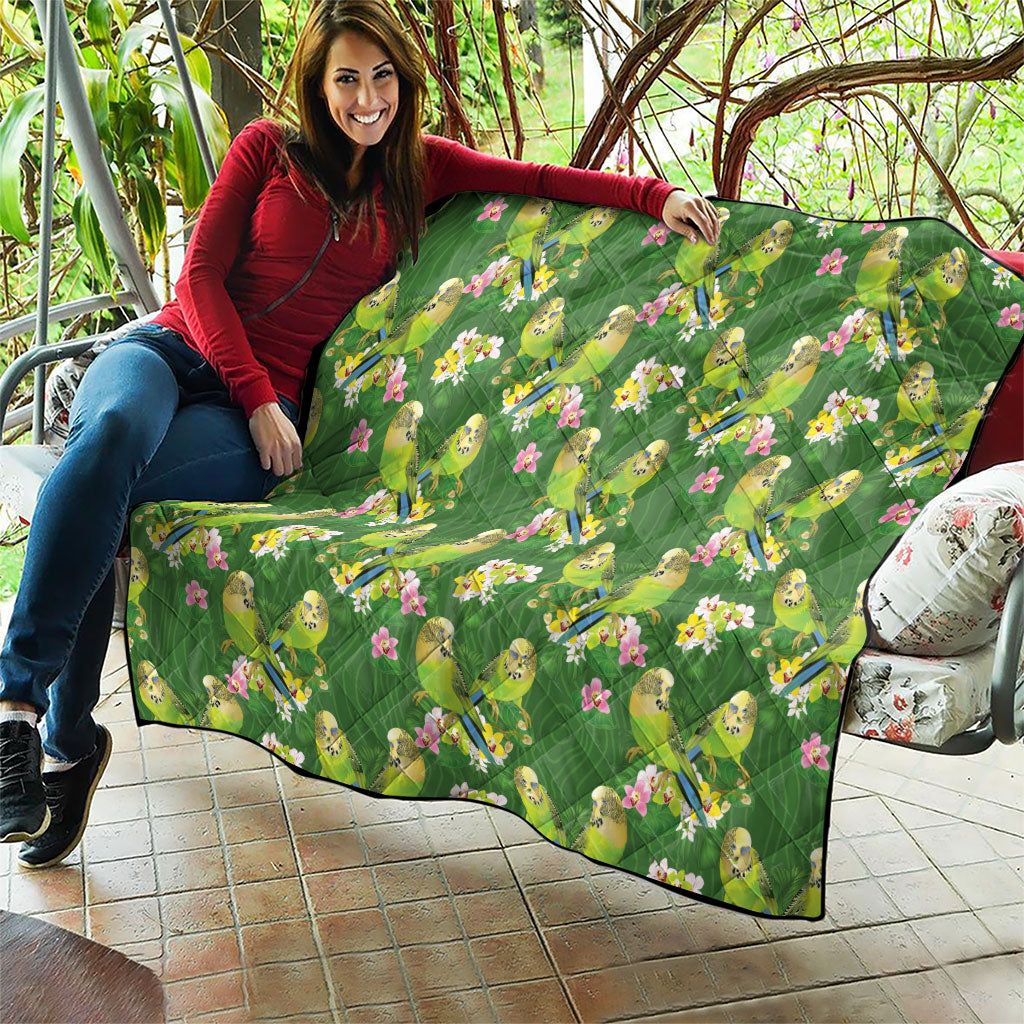 Australia Budgerigars Parakeets Quilt Green And Yellow Bird Seamless Orchids Flowers