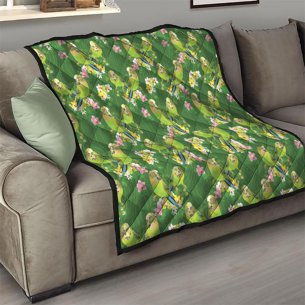 Australia Budgerigars Parakeets Quilt Green And Yellow Bird Seamless Orchids Flowers