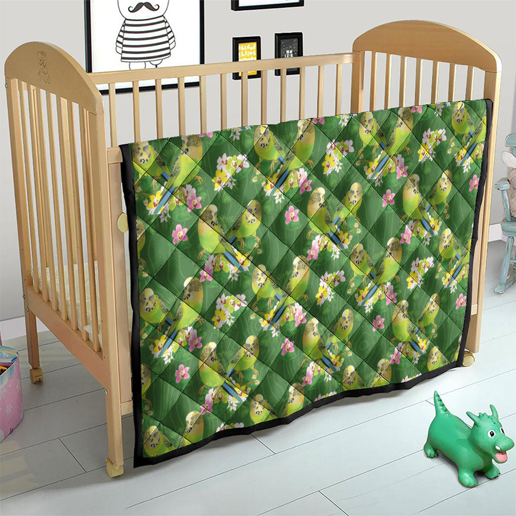 Australia Budgerigars Parakeets Quilt Green And Yellow Bird Seamless Orchids Flowers