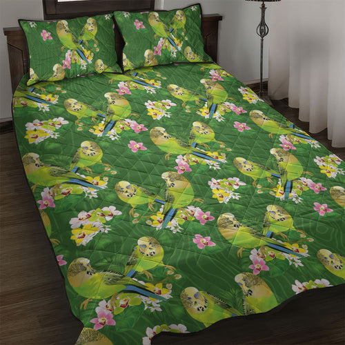 Australia Budgerigars Parakeets Quilt Bed Set Green And Yellow Bird Seamless Orchids Flowers
