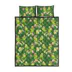Australia Budgerigars Parakeets Quilt Bed Set Green And Yellow Bird Seamless Orchids Flowers