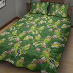 Australia Budgerigars Parakeets Quilt Bed Set Green And Yellow Bird Seamless Orchids Flowers