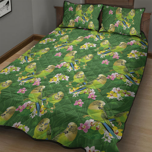 Australia Budgerigars Parakeets Quilt Bed Set Green And Yellow Bird Seamless Orchids Flowers