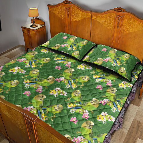 Australia Budgerigars Parakeets Quilt Bed Set Green And Yellow Bird Seamless Orchids Flowers