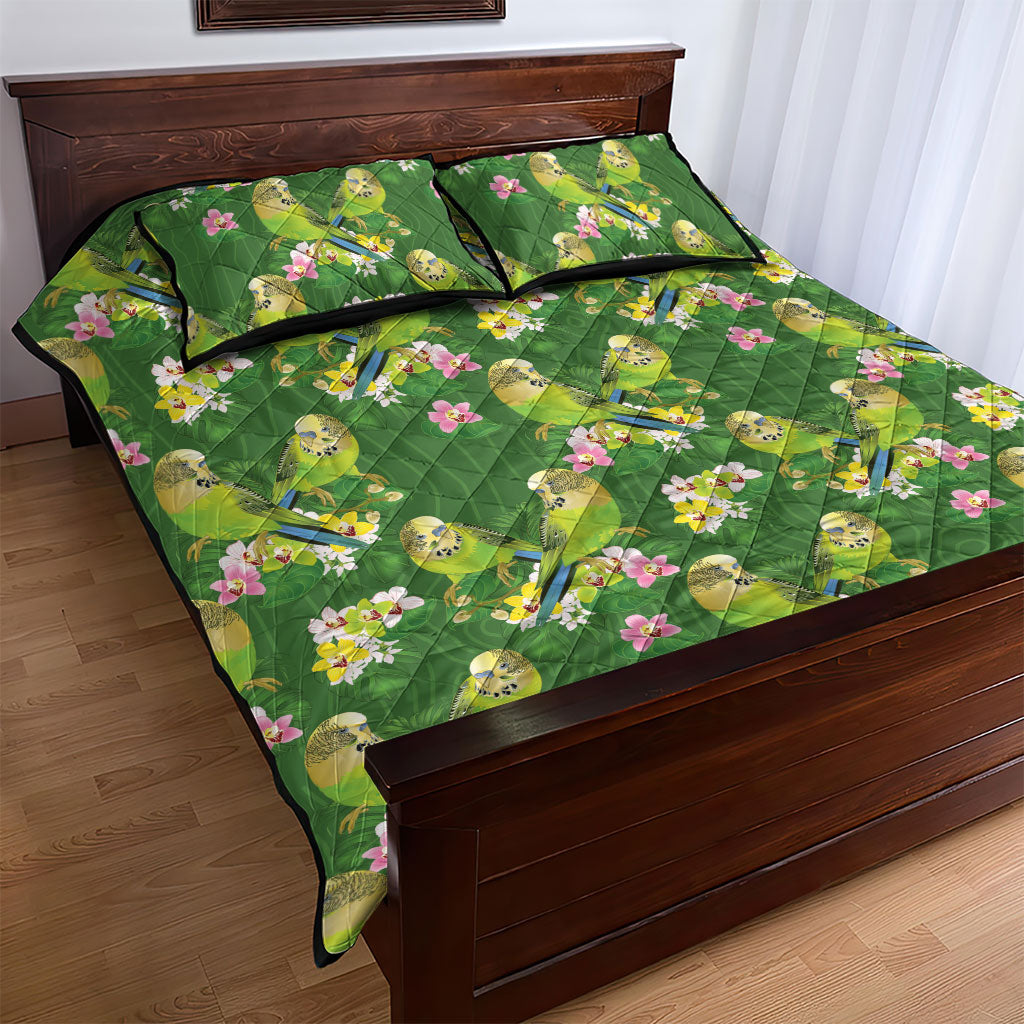 Australia Budgerigars Parakeets Quilt Bed Set Green And Yellow Bird Seamless Orchids Flowers