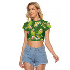 Australia Budgerigars Parakeets Raglan Cropped T Shirt Green And Yellow Bird Seamless Orchids Flowers
