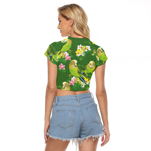 Australia Budgerigars Parakeets Raglan Cropped T Shirt Green And Yellow Bird Seamless Orchids Flowers