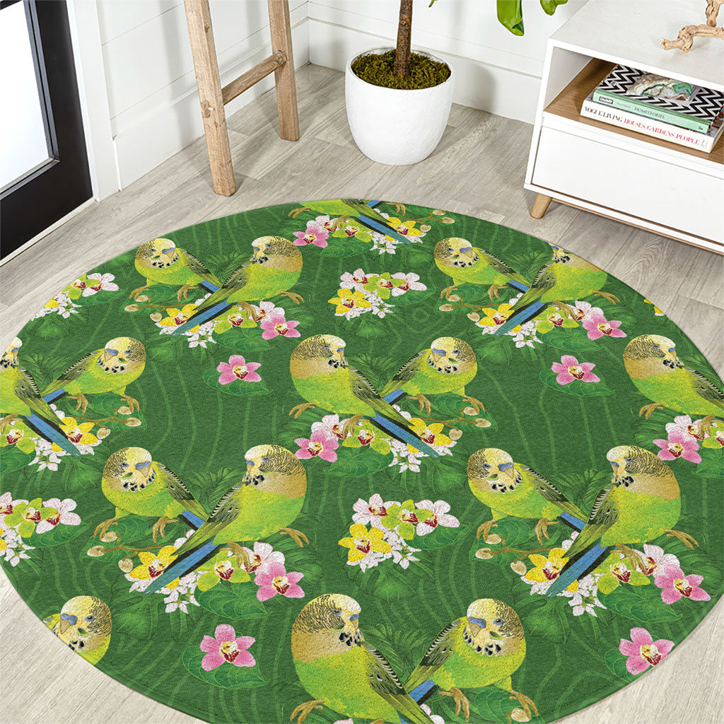 Australia Budgerigars Parakeets Round Carpet Green And Yellow Bird Seamless Orchids Flowers