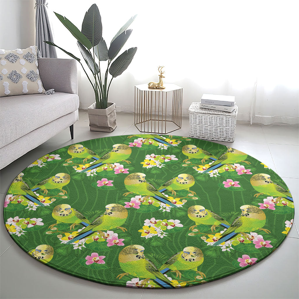 Australia Budgerigars Parakeets Round Carpet Green And Yellow Bird Seamless Orchids Flowers