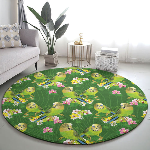 Australia Budgerigars Parakeets Round Carpet Green And Yellow Bird Seamless Orchids Flowers