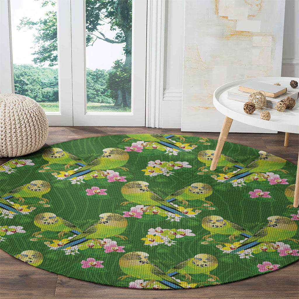 Australia Budgerigars Parakeets Round Carpet Green And Yellow Bird Seamless Orchids Flowers