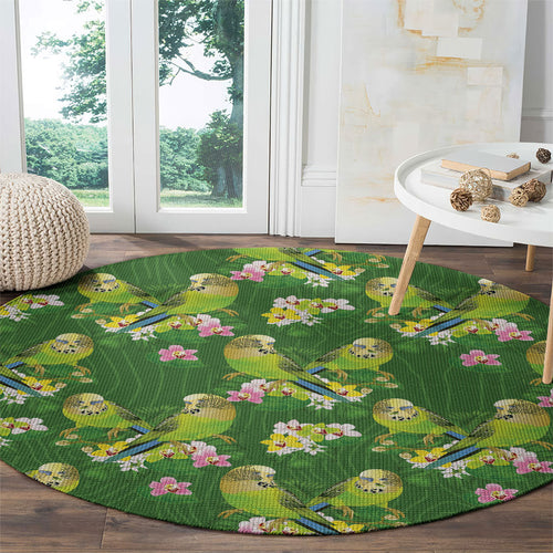 Australia Budgerigars Parakeets Round Carpet Green And Yellow Bird Seamless Orchids Flowers
