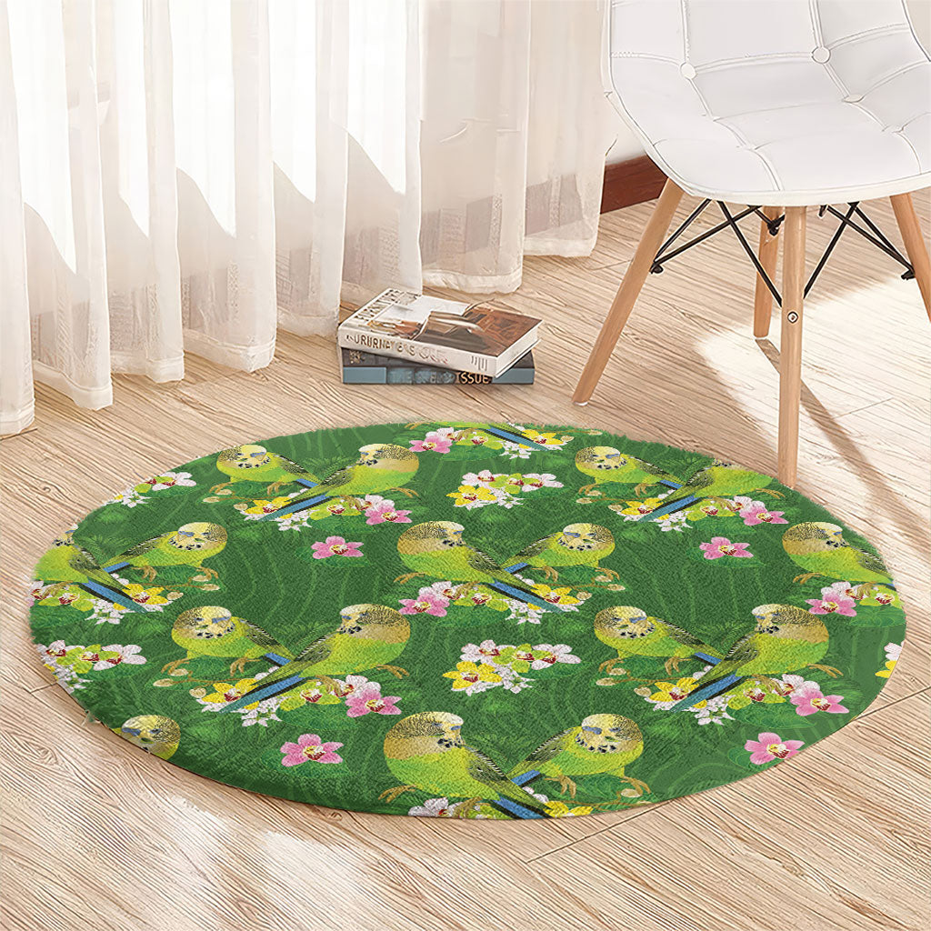 Australia Budgerigars Parakeets Round Carpet Green And Yellow Bird Seamless Orchids Flowers