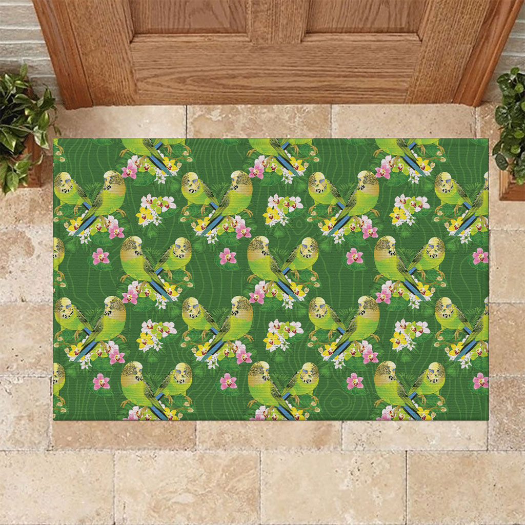 Australia Budgerigars Parakeets Rubber Doormat Green And Yellow Bird Seamless Orchids Flowers