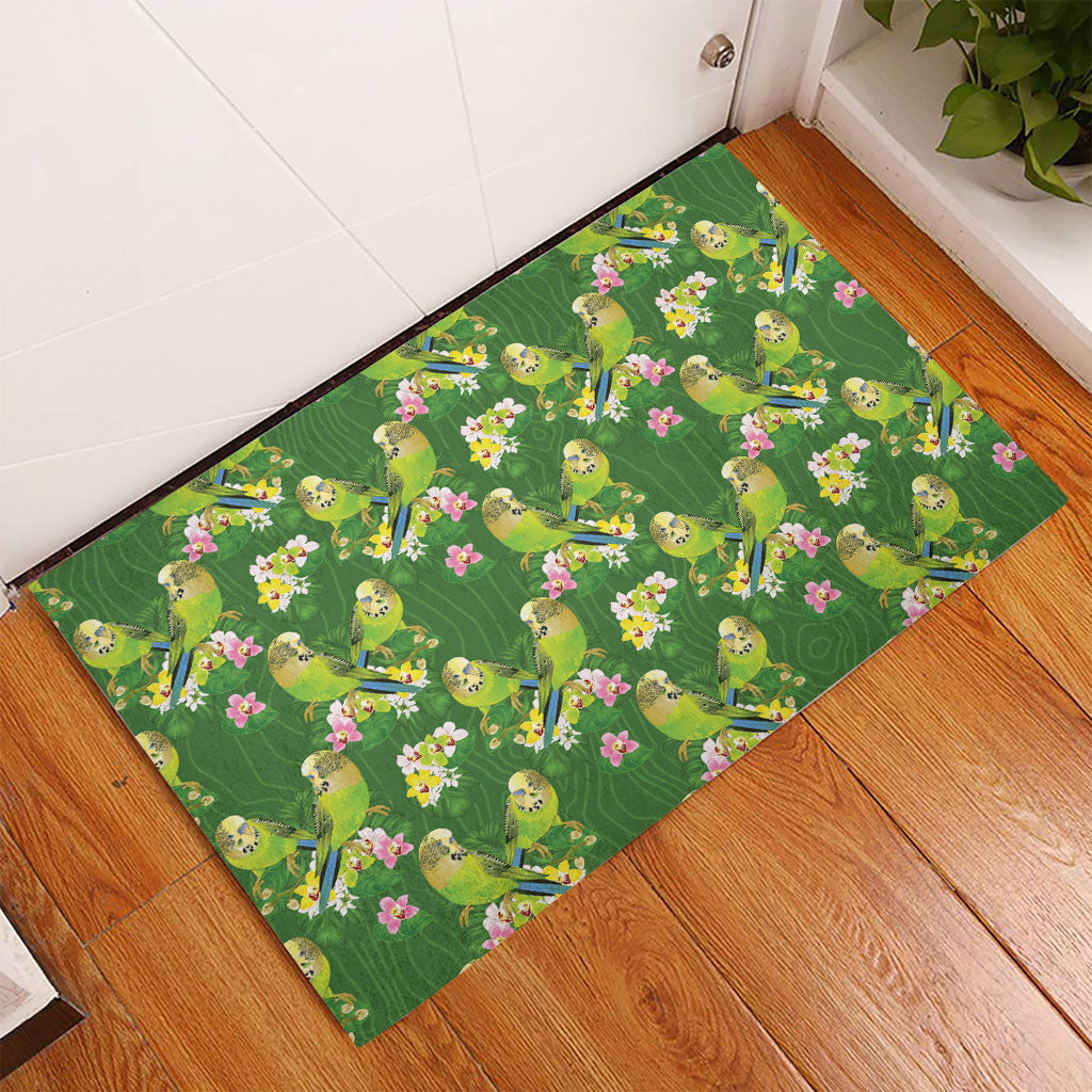 Australia Budgerigars Parakeets Rubber Doormat Green And Yellow Bird Seamless Orchids Flowers