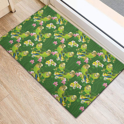 Australia Budgerigars Parakeets Rubber Doormat Green And Yellow Bird Seamless Orchids Flowers