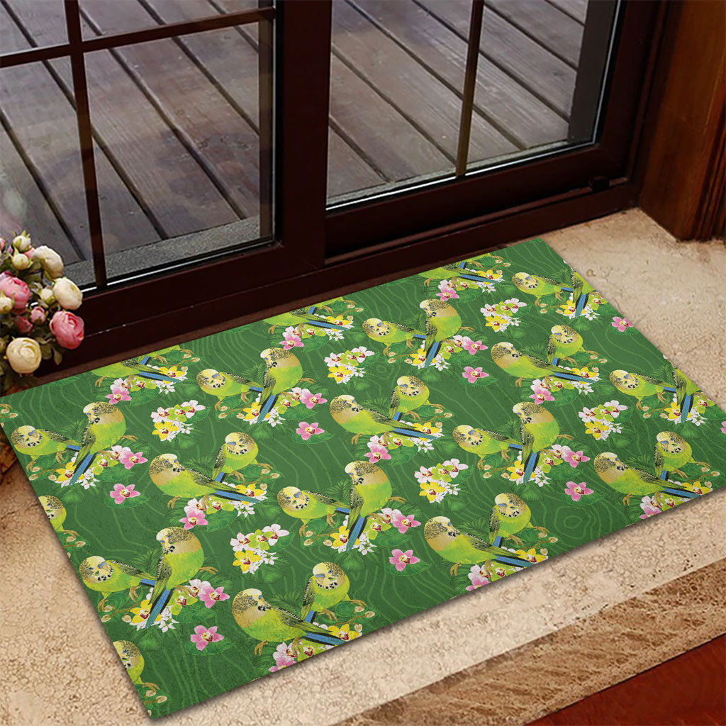 Australia Budgerigars Parakeets Rubber Doormat Green And Yellow Bird Seamless Orchids Flowers