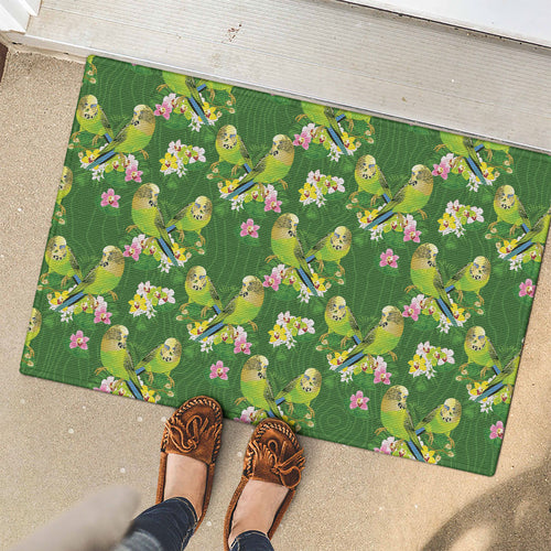 Australia Budgerigars Parakeets Rubber Doormat Green And Yellow Bird Seamless Orchids Flowers