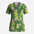Australia Budgerigars Parakeets Scrub Top Green And Yellow Bird Seamless Orchids Flowers